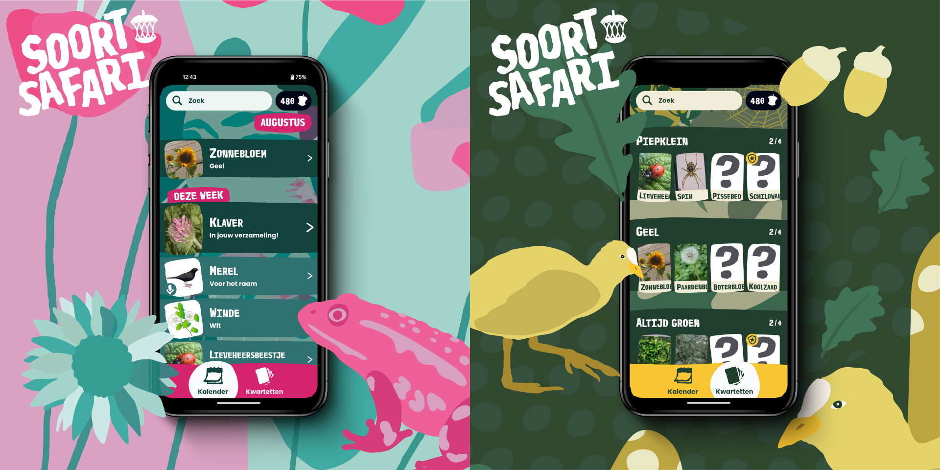 Twee screenshots van de app. Een kalender met soorten in zomerse kleuren. Een pagina met kwartetten van soorten in herfstkleuren.